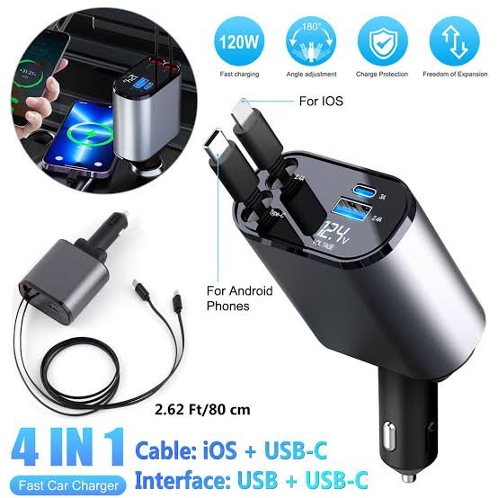 120W 4 in 1 Car Charger Adapter with Retractable Cables and Voltage Display
