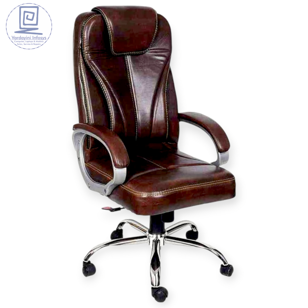 Ergonomic Brown Leatherette Executive Chair with Headrest & Chrome Base