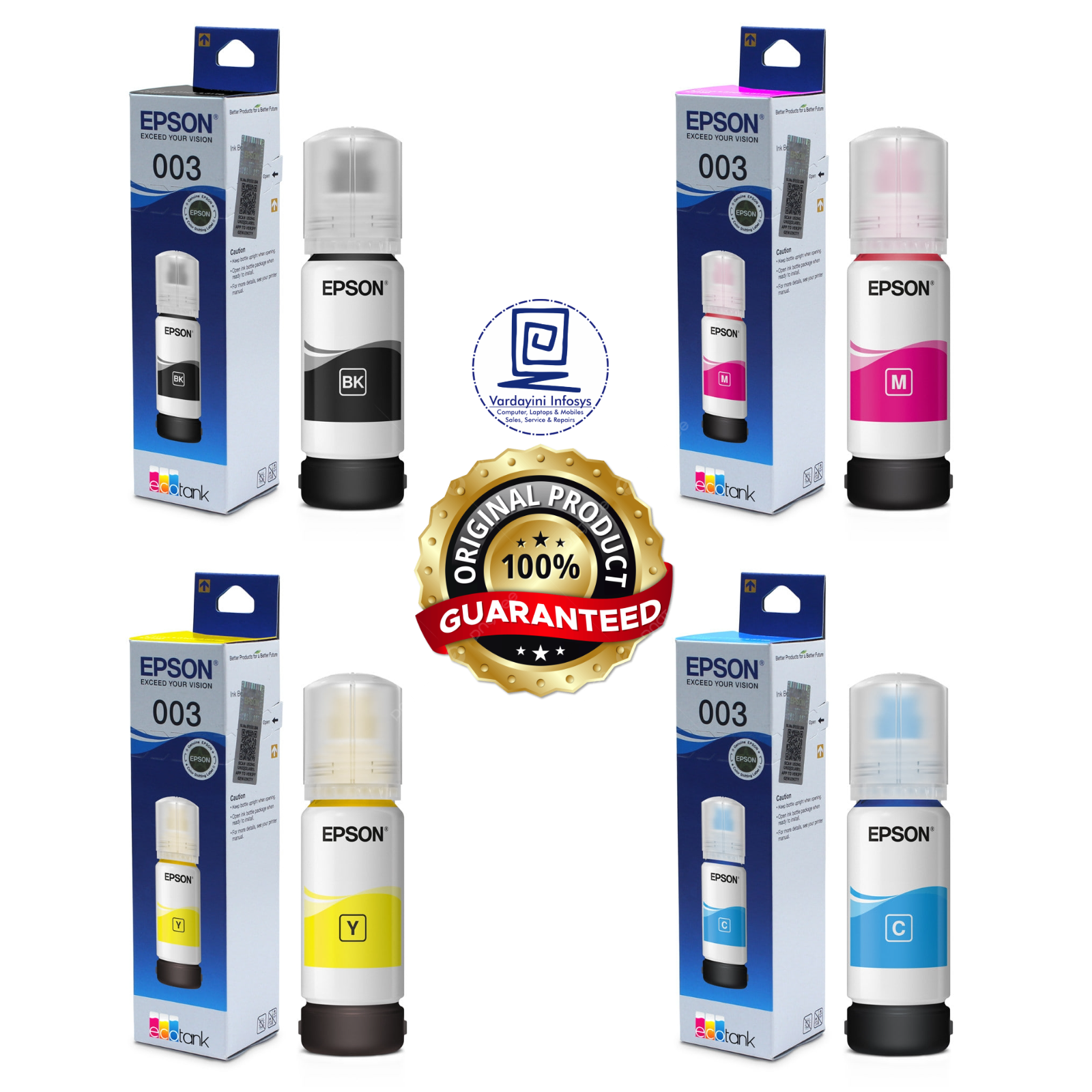 Original Epson 003 Ink Bottle Set (Black, Cyan, Magenta, Yellow - 65ml Each)